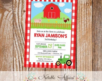 Farm Barnyard Animals Tractor Birthday party invitation on Red Gingham - Any age for boy or girl birthday - no color changes