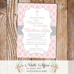 Light Pink and Gray Quatrefoil Christening Invitation Cross Baptism - Girl Baptism invitation - Communion Dedication - choose two colors