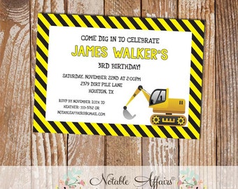 Yellow Black and White Construction Stripes Tractor Birthday Party Invitation - no photo - choose your own wording as desired
