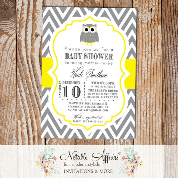 Dark Gray Charcoal and Yellow Mustard Chevron Owl Modern Baby Shower Birthday Invitation - choose your colors