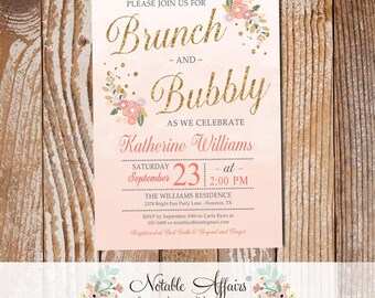 Brunch and Bubbly Mimosas Pink Watercolor Floral Bridal Shower Brunch Invitation - Baby Shower, Couples Shower, etc - Brunch Bubbly Shower