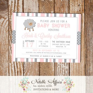 Gray and Light Pink Sheep Stripes and Polka Dots Baby Shower invitation - choose your colors - Lamb Baby Shower