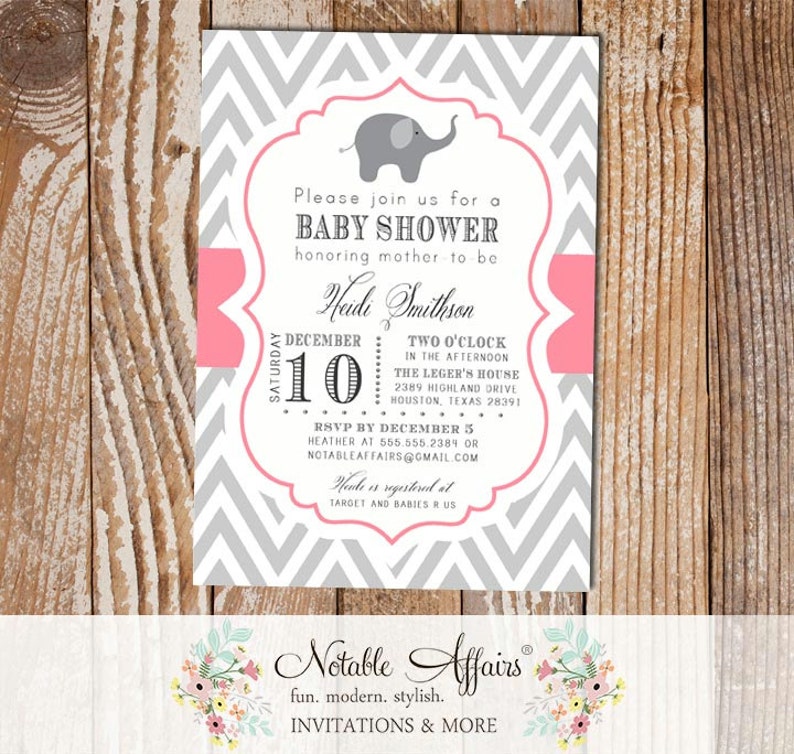 Gray and Pink Chevron with Elephant Baby Shower Invitation colors can be changed Girl Baby Shower Elephant Shower image 1