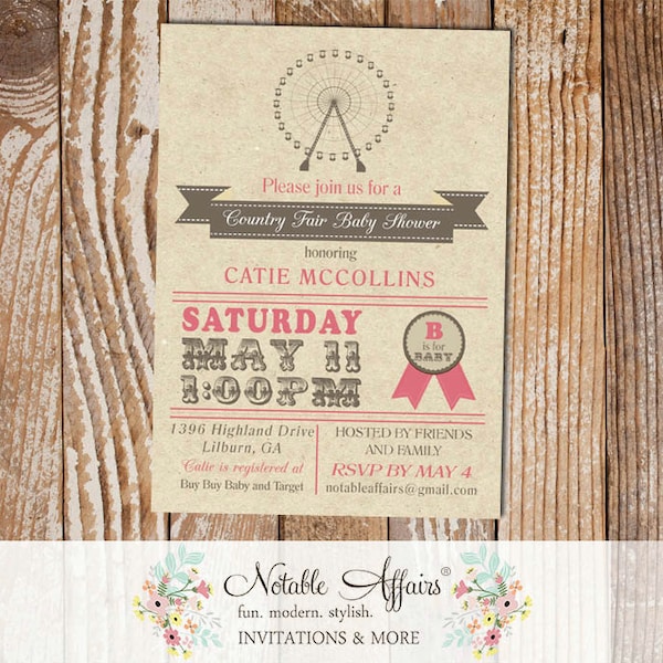 Carnival County Fair Rustic Vintage Ferris Wheel Baby Shower Invitation Circus Birthday party Baby Shower - dark accent color only