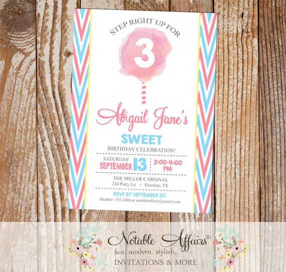 Side Chevron Cotton Candy Carnival birthday party invitation light pink and ice blue NO