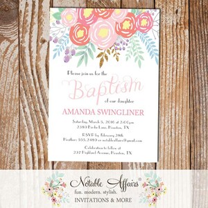 Pink Light Pink Coral Flowers Christening Invitation Baptism - Girl Baptism invitation - Communion Dedication - no color changes