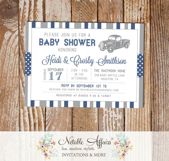 Gray and Light Navy Old Truck Stripes and Polka Dots Baby Shower invitation - choose your colors - Truck Baby Shower Il_570xn