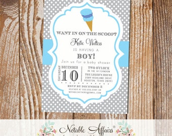 Gray and Ice Blue Polka Dot Ice Cream Cone Dessert Birthday Party Baby Shower Modern Invitation - Ice Cream Social