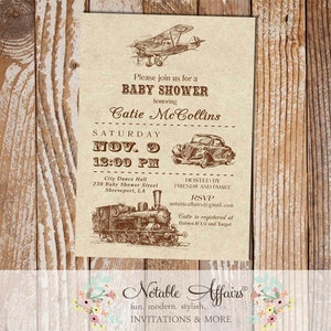 Vintage Transportation Baby Shower invitation - Planes Trains Automobiles Baby Shower Modern Invitation - kraft background