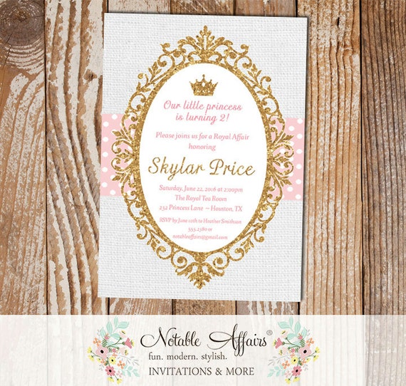 Princess Light Pink Gold Glitter on gray burlap background - princess cinderella birthday invitation - light pink can be changed only Il_570xn