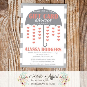 Kitchen Gift Card Umbrella Shower Hearts Coral and Gray Housewarming Party Bridal Shower Couples Shower Invitation - choose one accent color