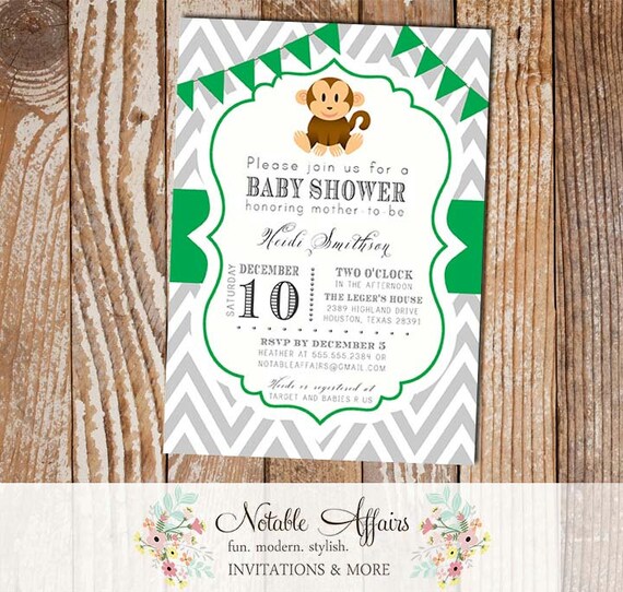 Gray Chevron Green Bunting Monkey Baby Shower Gender Reveal Party or Birthday Invitation Il_570xn