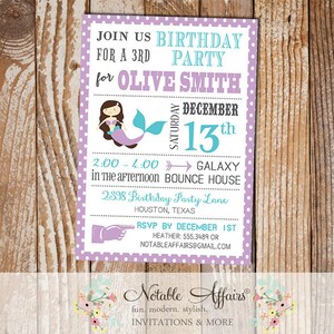 Lavender Turquoise Mermaid Polka Dot Border Under the Sea Birthday Invitation - choose your colors as desired