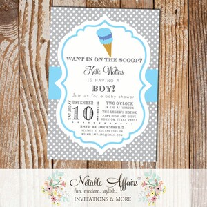Polka Dot Gray and Blue Ice Cream Cone Dessert Birthday Party Baby Shower Modern Invitation - ice cream sundae party
