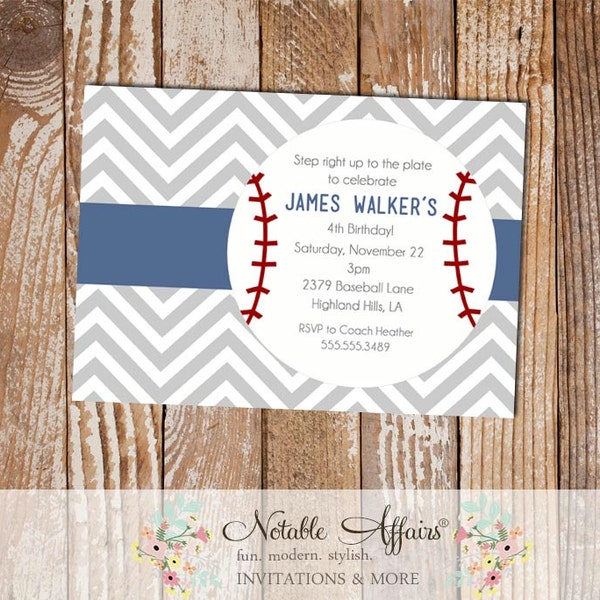Gray Light Navy and Dark Red Chevron Baseball Birthday Invitation - colors and wording can be changed