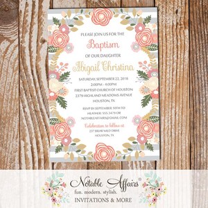 Pink with Tan Gold Gray Stripes Baptism Flowers Christening Invitation - Girl Baptism - First Communion Dedication Invite - Floral Baptism