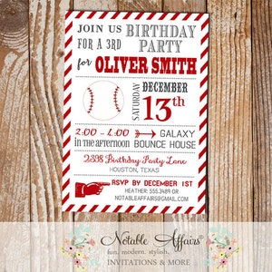 Striped Dark Red Baseball Modern Birthday Party Invitation choose your colors no wording changes image 1