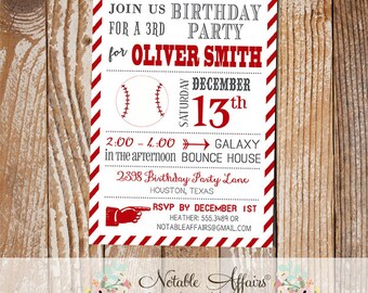 Striped Dark Red Baseball Modern Birthday Party Invitation - choose your colors - no wording changes