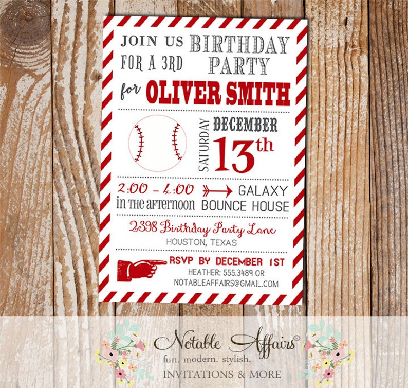Striped Dark Red Baseball Modern Birthday Party Invitation choose your colors no wording changes image 1