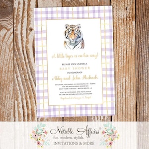 Watercolor Baby Tiger Football Tailgate Baby Shower Ticket Invitation - Purple Gold Plaid Baby Tiger Invite - no color changes