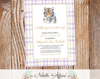 Watercolor Baby Tiger Football Tailgate Baby Shower Ticket Invitation - Purple Gold Plaid Baby Tiger Invite - no color changes