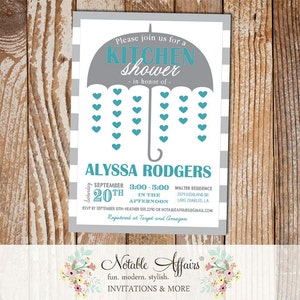 Kitchen Pantry Umbrella Shower Hearts Teal and Gray Housewarming Party Bridal Shower Couples Shower Invitation - choose one accent color