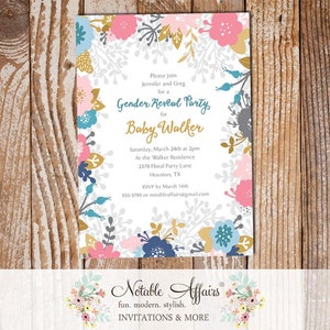 Tan Gold Pink Blue Flowers Gender Reveal invitation - no color changes - Gender Neutral Couples Baby Shower Bridal Shower Baby Sprinkle, etc