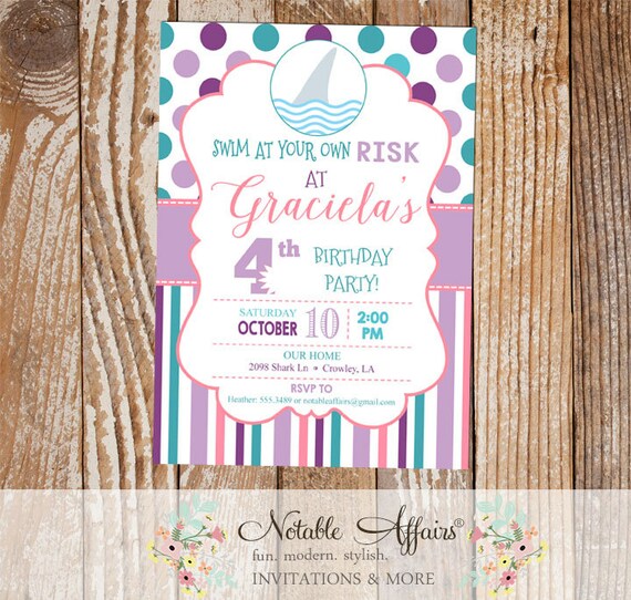 Purple Lavender Pink Teal and Turquoise Shark Polka Dots and Stripes Birthday invitation - under the sea birthday party invitation - any age Il_570xn