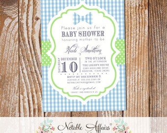 Baby Blue Gingham and Light Green Pastel Bowtie Little Man Baby Shower or Birthday Invitation - Choose your wording