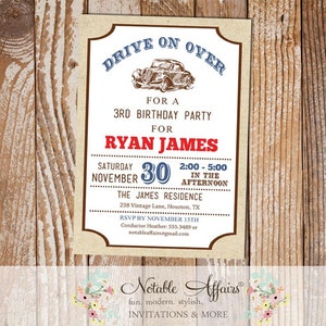 Vintage Light Navy and Red Vroom Vroom Car Birthday party invitation with kraft brown background - car ticket style invitation - any age