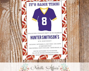 Football Tailgate Watercolor Jersey Birthday Football Invitation - Purple and Yellow Gold Invite- choose 2 colors - Birthday Tailgate Party