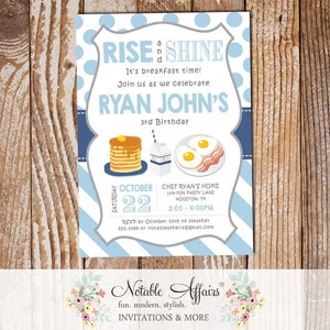 Rise and Shine Breakfast Baby Blue Light Navy Boy Pancakes and Pajamas Birthday invitation - any age - choose colors - Breakfast Birthday