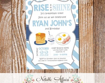 Rise and Shine Breakfast Baby Blue Light Navy Boy Pancakes and Pajamas Birthday invitation - any age - choose colors - Breakfast Birthday