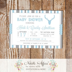 Gray and Light Blue Deer Antlers with Head Stripes and Polka Dots Baby Shower invitation - choose your colors - Oh Deer Baby Shower