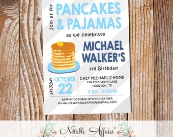 May include: A blue and gray striped invitation for a birthday party. The invitation says "Pancakes & Pajamas" and is for Michael Walker's 3rd birthday. The party is on Saturday, October 22nd from 2:00 to 4:00 PM at Chef Michael's Home, 2378 Fun Party Lane, Houston, TX. RSVP by October 15th to Heather at 555.3989 or notableaffairs@gmail.com.