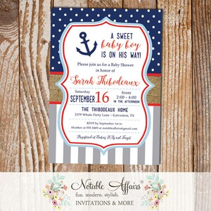 Dark Navy Blue Gray Red Stripes Dots Burlap Anchor Baby Shower Gender Reveal Party or Birthday Invitation - choose up to 3 colors