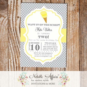 Polka Dot Gray and Light Butter Yellow Ice Cream Cone Dessert Birthday Party Baby Shower Modern Invitation - choose colors