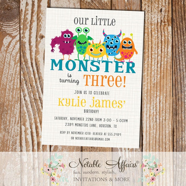 Monster Birthday Party invitation on brown linen background - Monster Party - Our little monster - any age - no color changes