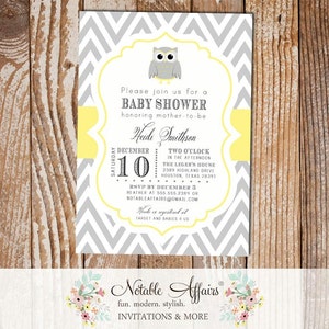 Gray and Light Butter Yellow Owl Chevron Baby Shower or Birthday Invitation - colors can be changed