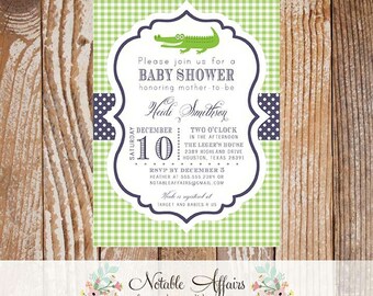 Green and Navy Gingham Alligator Gator Baby Shower or Birthday Invitation - Choose your wording