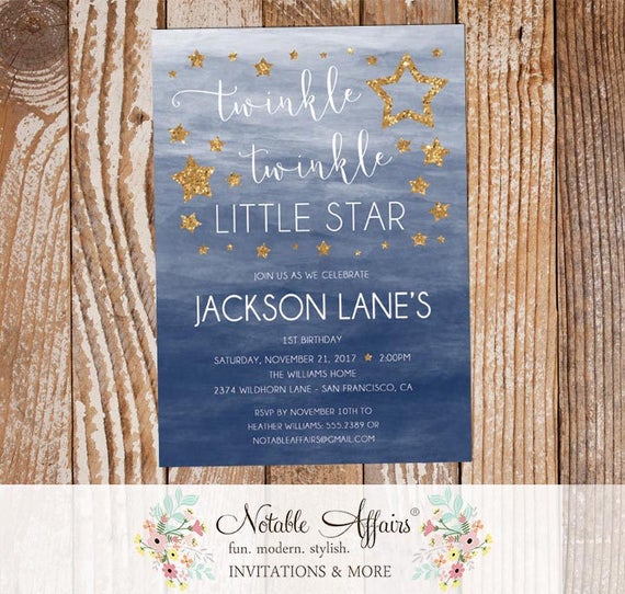 Twinkle Twinkle Little Star Watercolor Ombre Background Dark Blue Gold Birthday Invitation Twinkle Little Star Boy Birthday Invite Any Age