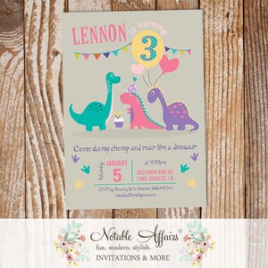 Pink Teal Purple Girl Dinosaur Balloons Party Dinomite Dinosaur Birthday Party invitation any age stomp roar chomp invite image 1