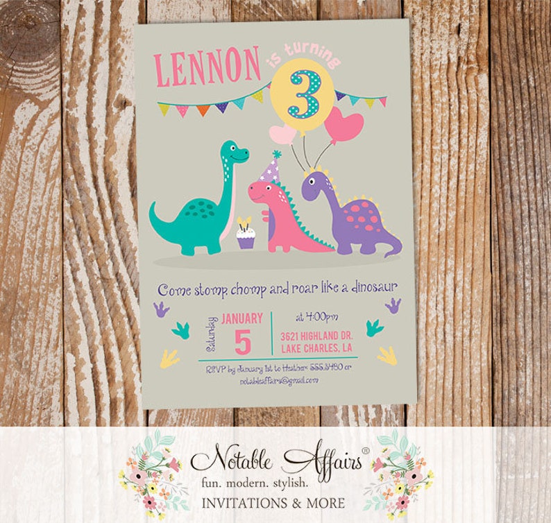 Pink Teal Purple Girl Dinosaur Balloons Party Dinomite Dinosaur Birthday Party invitation any age stomp roar chomp invite image 1