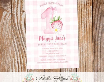Watercolor Strawberry Pink one berry sweet birthday party invitation - 1st first birthday invite - no color changes