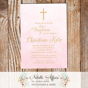 Modern Light Pink Watercolor Tan Gold Baptism Christening Invitation - Girl Baptism invitation - First Communion or Dedication Invitation