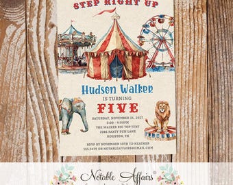 Vintage Watercolor Circus Birthday Invitation - Step Right Up Carnival Come One Come All Circus Show Birthday any age - no color changes