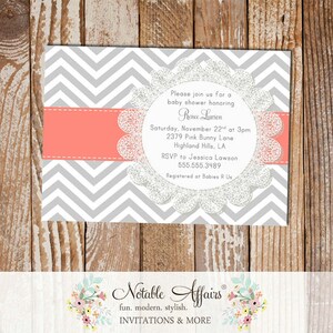 Gray and Coral Chevron Lace Baby Shower, Birthday or Bridal Shower Invitation - colors can be changed