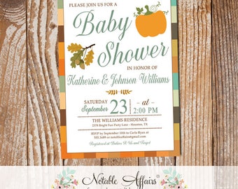 Autumn Fall Baby Shower Wreath Invitation on Pastel Plaid Background - Autumn Shower Invitation - Bridal Shower, Baby Sprinkle, etc