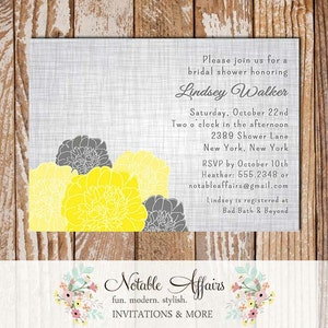 Rustic Vintage Elegant Modern Gray Linen Floral Yellow Mustard Bridal Wedding or Baby Shower Invitation - Grey Yellow Shower
