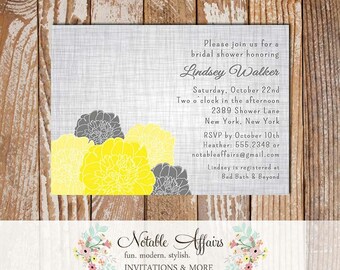 Rustic Vintage Elegant Modern Gray Linen Floral Yellow Mustard Bridal Wedding or Baby Shower Invitation - Grey Yellow Shower